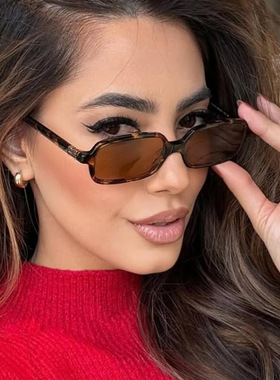 窄框方框太阳镜女高级感豹纹玳瑁百搭色墨镜潮素颜平光镜男书呆子