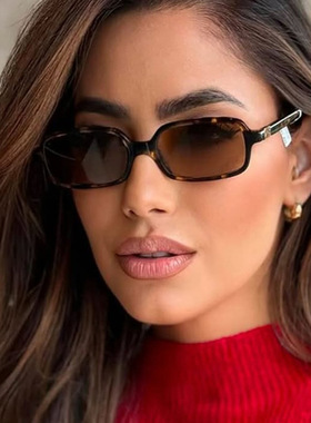 欧美复古超窄长方形豹纹太阳眼镜女潮圆脸素颜显瘦平光镜嘻哈墨镜