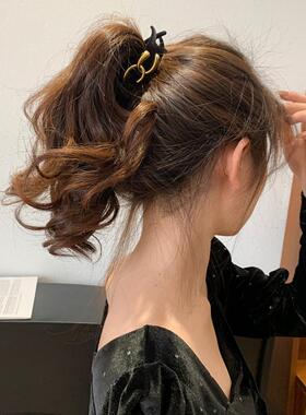 复古风丸子头抓夹小香风高马尾鲨鱼夹女发饰黑色发夹毛绒高级感