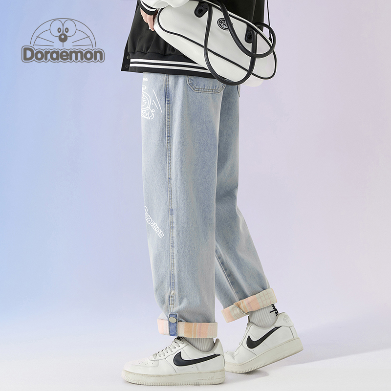 DORAEMON/哆啦A梦牛仔裤男秋冬季2024新款宽松直筒抽绳休闲长裤潮
