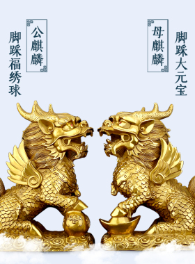 易水阁 纯铜麒麟摆件一对大小号公母客厅办公室家居摆件送礼