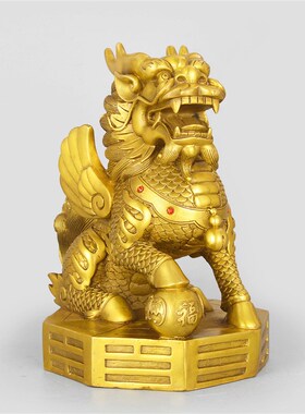铜麒麟摆件脚踩元宝福球一对家居客厅店铺玄关中式工艺品开业礼品
