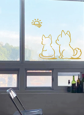 可爱卡通猫咪看日落玻璃窗花厨房客厅推拉移门防撞装饰贴纸静电贴
