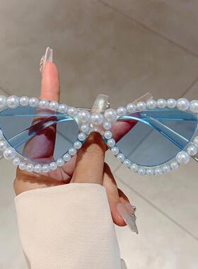 跨境新款猫眼小框镶珍珠时尚太阳眼镜潮流百搭高级感派对聚会墨镜