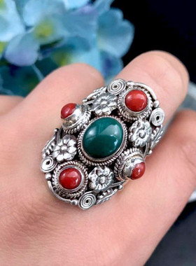 尼泊尔风格高档珊瑚石复古戒指镶嵌绿松石指环藏式首饰品新款时尚