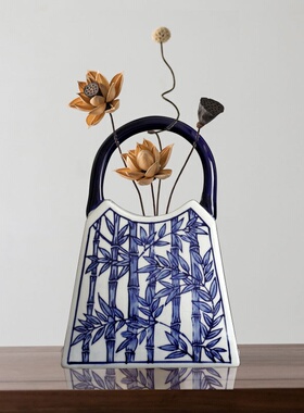 新中式青花布袋花盆花瓶家居客厅青花瓷装饰品插花器中式陶瓷摆件