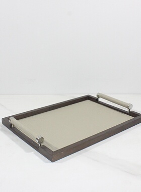 现代轻奢高端皮革香薰蜡烛实木托盘样板间售楼处客厅茶几桌面摆件