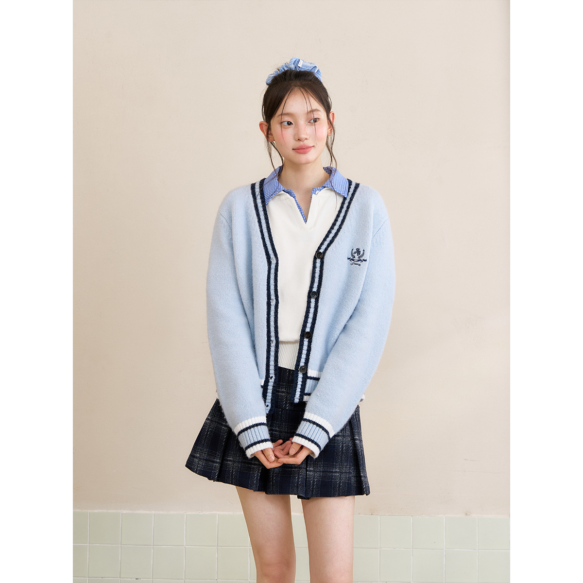 【天才女友系列】ablueberry 撞色针织开衫女秋冬学院风毛衣外套 - 图1