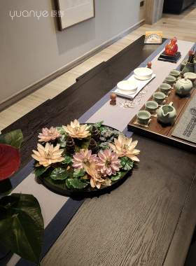 酒店餐桌花摆花高端新中式花仿真花假花莲花圆桌转盘餐厅装饰摆件