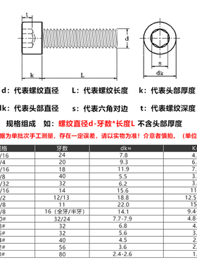 12.9级美制杯头内六角螺丝6#8#-32圆柱头螺栓0#-80 2#-56 4#-40牙