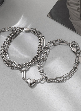 一页出品！韩版小众设计拼接双层情侣手链嘻哈磁吸爱心不掉色手饰
