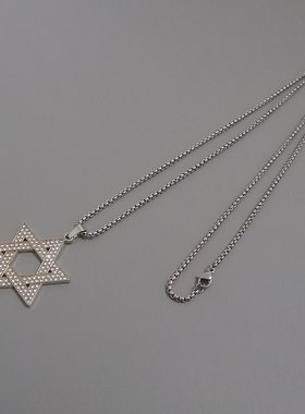 一页出品！欧美镶钻大卫星六芒星吊坠项坠个性钛钢男嘻哈朋克项链
