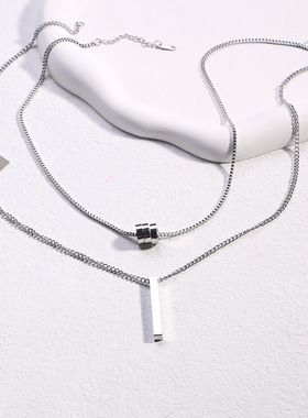 一页出品！小众设计双层项链简约几何圆柱方条吊坠百搭通勤锁骨链
