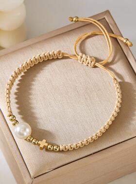 速卖通跨境热卖简约百搭珍珠爱心十字架卡其色手工编织可调节手链