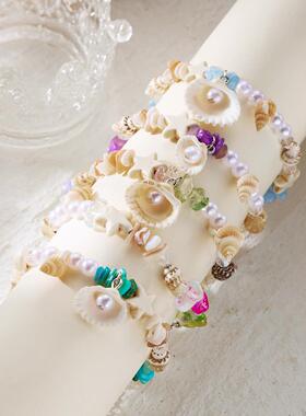 夏日清凉海边贝壳海螺碎石手工手链 创意设计海星米珠百搭手饰女