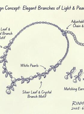 跨境新款欧美时尚简约镶钻树叶珍珠项链套装 轻奢精致修饰锁骨链