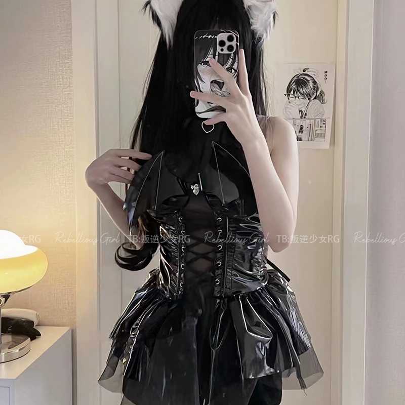 「哥特萝莉」性感小恶魔cos魅魔制服万圣节lolita漆皮连衣裙套装 - 图2