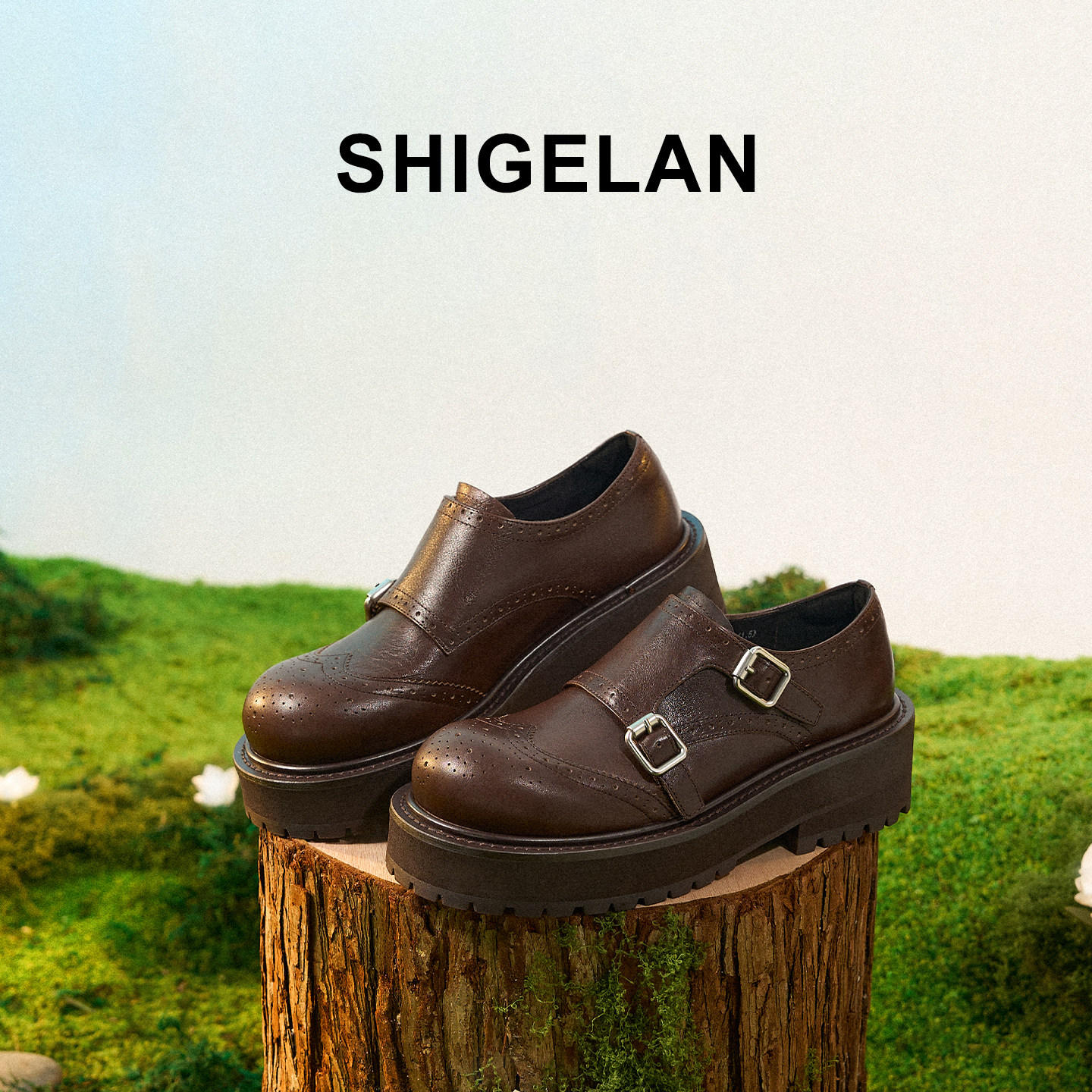 诗歌兰2026春季新款英伦风真皮双扣带女鞋厚底乐福鞋复古雕花单鞋,淘宝优惠券,粉丝福利购,淘宝优惠卷