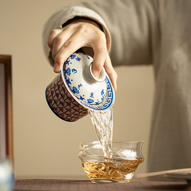 Ruyao Thousand Buddha wide mouth non-hot Sancai covered bowl tea cup single high-end covered tea bowl Kung Fu tea set