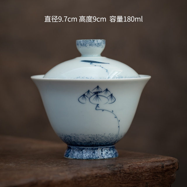 Hand-painted lotus ceramic fat white covered bowl hand-held tea serving bowl Sancai bowl cup serving tea bowl tea set