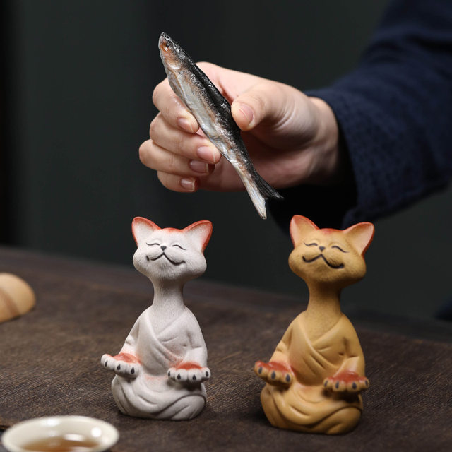 Purely handmade high-end purple sand tea pet meditating cat lucky cat small ornaments boutique can raise tea set tea play decorations