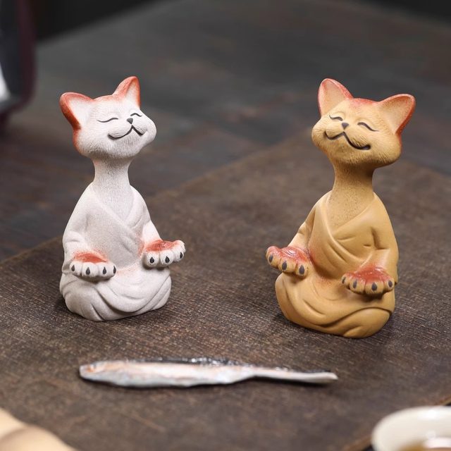 Purely handmade high-end purple sand tea pet meditating cat lucky cat small ornaments boutique can raise tea set tea play decorations