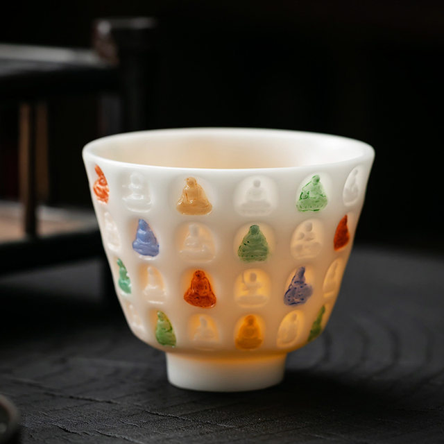 Hand-painted suet jade Ten Thousand Buddhas Master Cup single cup high-end personal high-end ceramic tea cup Kung Fu tea cup
