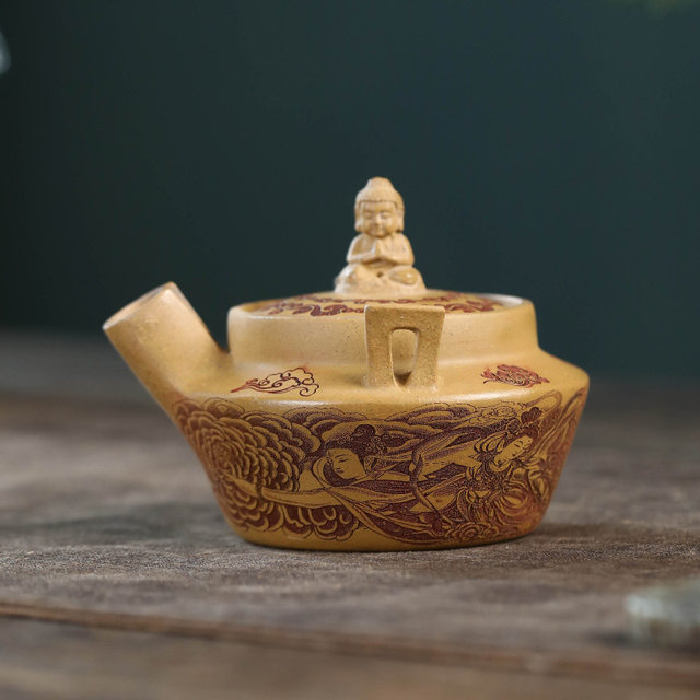 Yixing purple sand hand-engraved pot with hand-engraved images of Buddha, Guanyin and Sancai tea bowl, tea set, tea cup, single high-end