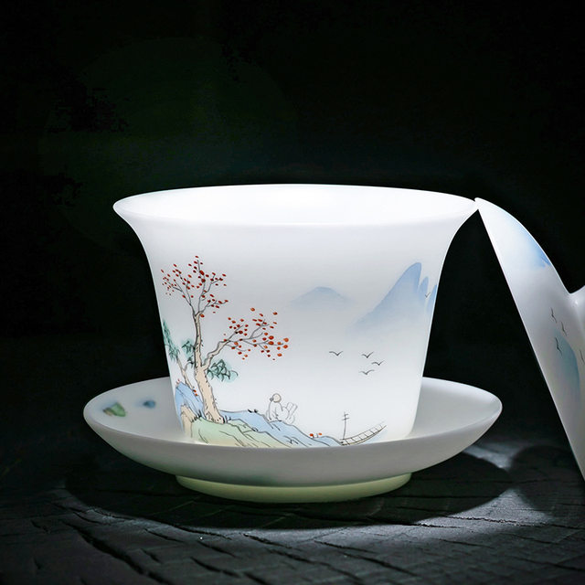 Bing Zhong hand-painted Sancai bowl single high-end white porcelain large tea bowl with lid tea cup Kung Fu tea set 2026 new style