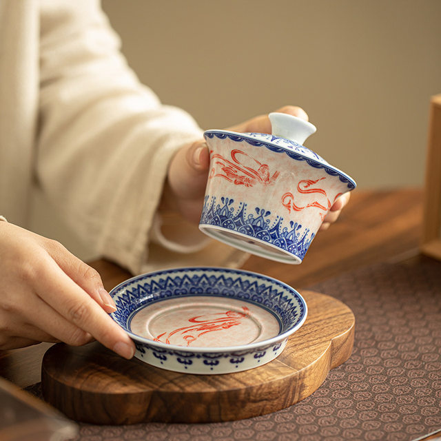 Jingdezhen Blue and White Dunhuang Flying Thousand Buddhas Not Hot Sancai Covered Bowl Ceramic Kung Fu Tea Set Teacup Tea Set