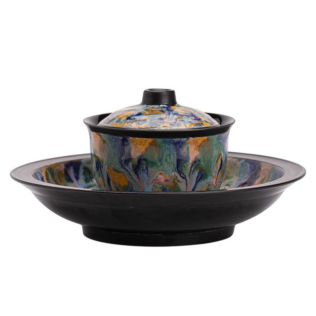 Master's hand-painted Dunhuang wood-burning Tianmu glaze Kung Fu Sancai bowl single high-end ceramic tea bowl with lid tea set