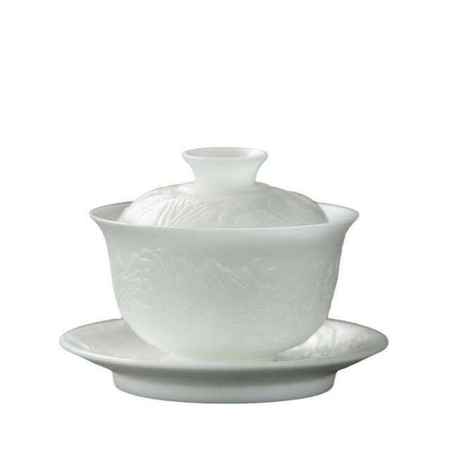 Thousands of mountains and rivers embossed ice jade porcelain three-piece covered bowl teacup household tea three-piece set with lid 2026 new style