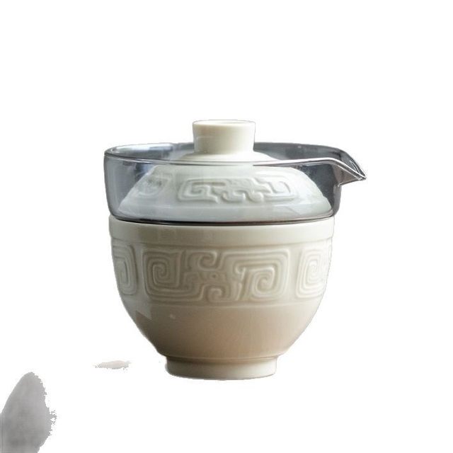 Imitation Song Dynasty Ding kiln white Taotie pattern quick cup hand-held pot tea cup set outdoor portable travel tea set for one person to drink