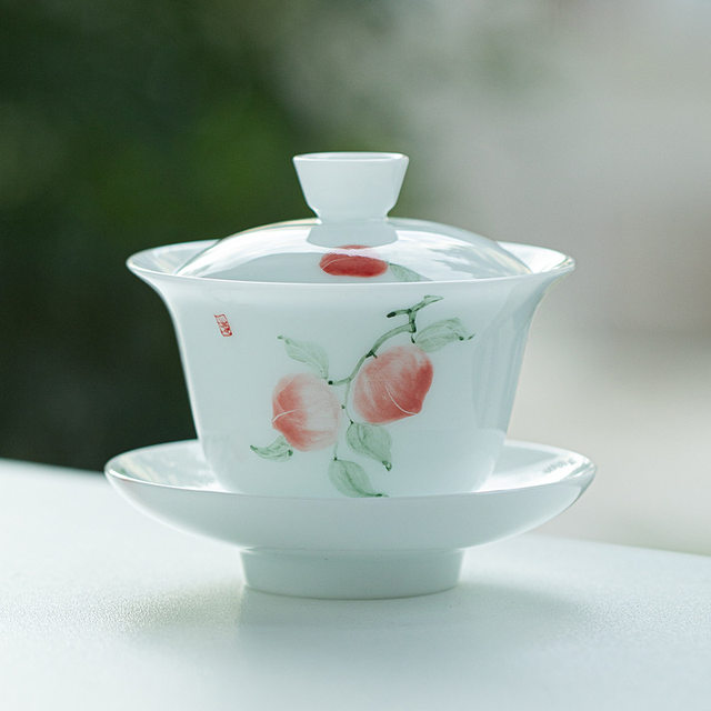 Hand-painted underglaze color ice jade porcelain Sancai covered bowl can hover tea bowl cup single high-end white porcelain Kung Fu tea set