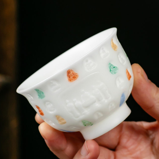 Suet-fat jade porcelain hand-painted Ten Thousand Buddhas Master Cup Kung Fu Tea Cup Ceramic Tea Cup High-end Men and Women Personal Single Cup