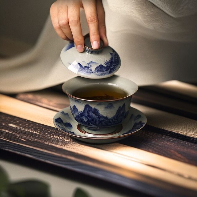 Jingdezhen blue and white hand-painted Qianli Jiangshan ceramic cover bowl set handmade Sancai tea bowl tea cup single anti-scalding