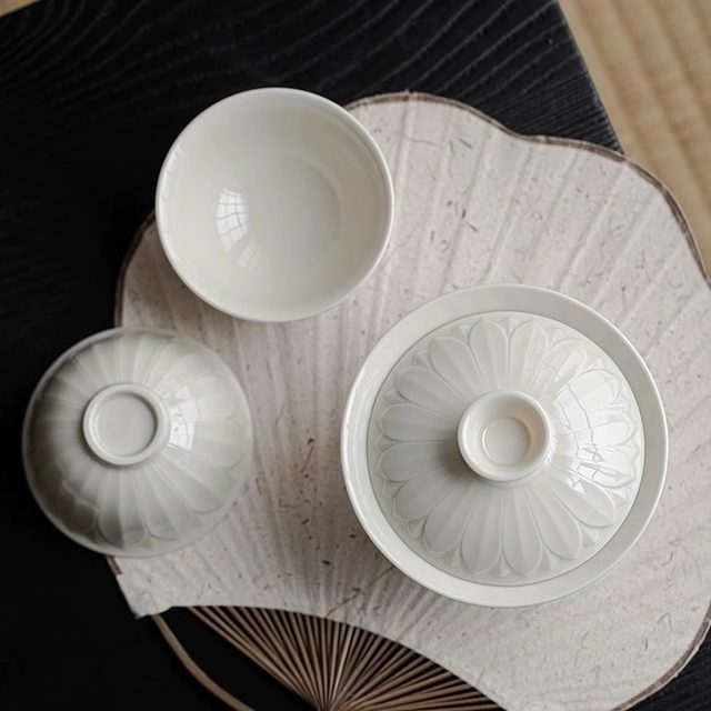 Ding kiln white high-end ceramic three-capacity bowl tea cup set white porcelain Kung Fu tea set large bubble tea bowl single non-hot