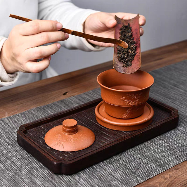 All pure handmade purple clay high-end three-cai bowl teacup single high-end tea bowl with lid and non-hot Kung Fu tea set