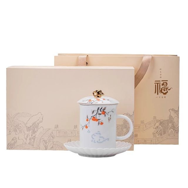 Jingdezhen Linglong mutton-fat jade ceramic mug tea and water separation personal water cup office cup high-end gift box gift