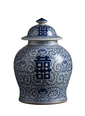 景德镇青花喜字花瓶 家居客厅青花瓷装饰品 插花瓷器中式陶瓷摆件