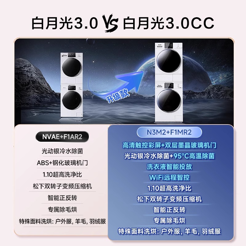 松下白月光3.0CC洗烘套装10kg家用智投变频除菌洗衣机烘干机组合