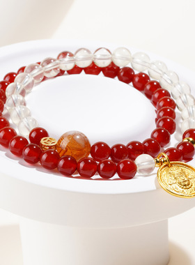 涵杰天然红玛瑙柠檬黄水晶双圈手链时尚原创文创热销女款手串定制