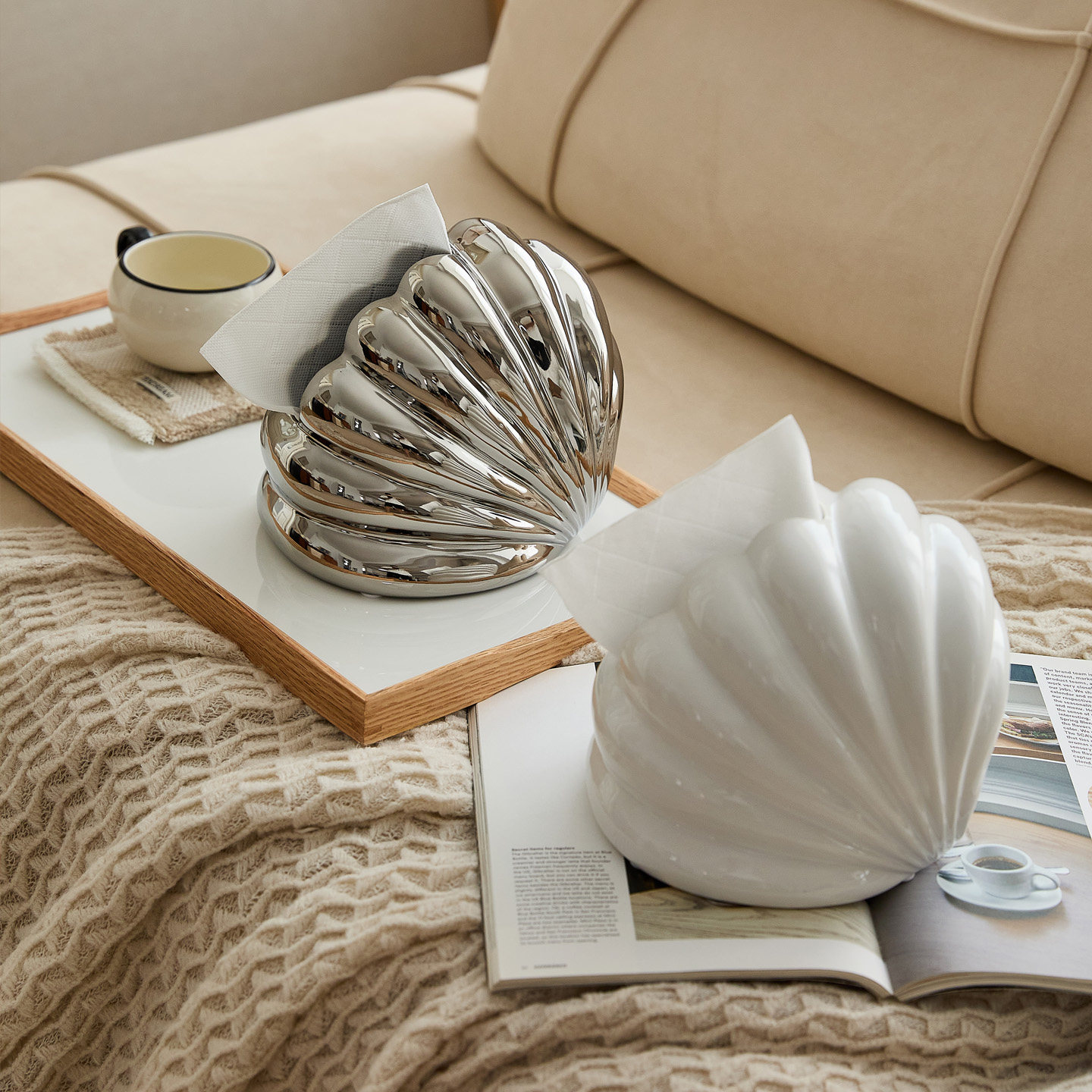 ins现代创意贝壳斜口陶瓷纸巾盒轻奢高级感艺术收纳盒抽纸盒摆件,淘宝优惠券,粉丝福利购,淘宝优惠卷