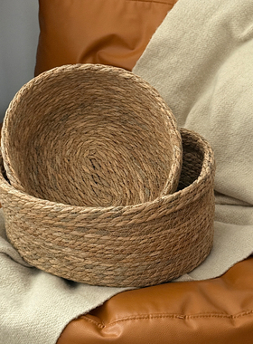 手工草编竹编收纳筐水果篮客厅圆形编织水果盘零食馒头筐家用托盘