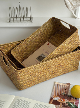 长方形收纳筐整理筐竹编篮子储物摆饰篮子草编筐编织篮大号竹筐