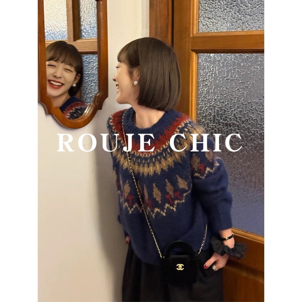 法国rouje chic费尔岛藏青色马海毛毛衣女秋冬圣诞节氛围感针织衫,淘宝优惠券,粉丝福利购,淘宝优惠卷
