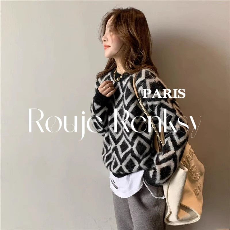 法国Rouje Renksy法式菱格长袖毛衣女秋冬宽松外穿打底针织衫上衣,淘宝优惠券,粉丝福利购,淘宝优惠卷