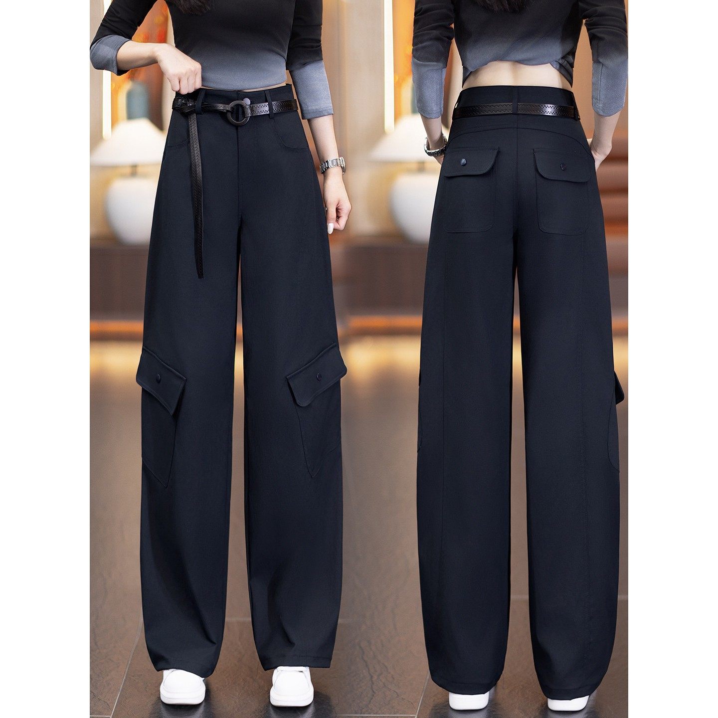 藏青色秋季弯刀工装裤子女款2025新款秋冬高腰显瘦女士运动阔腿裤,淘宝优惠券,粉丝福利购,淘宝优惠卷