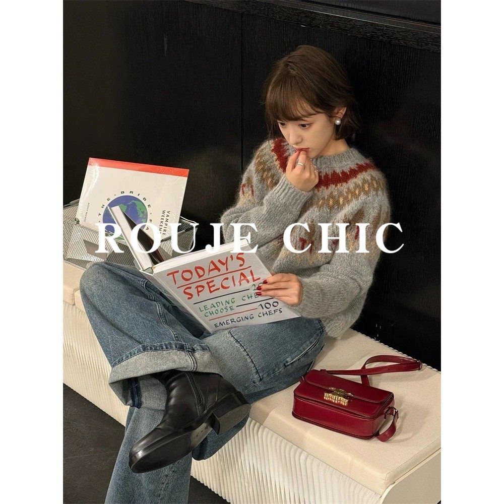 法国rouje chic费尔岛藏青色马海毛毛衣女秋冬圣诞节氛围感针织衫,淘宝优惠券,粉丝福利购,淘宝优惠卷