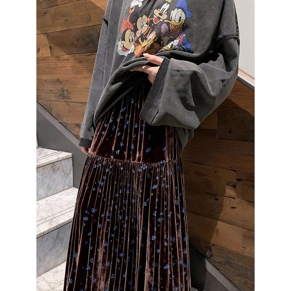 棕色丝绒碎花褶皱A字垂感叠穿半身裙慵懒设计感覆古长裙子2025秋,淘宝优惠券,粉丝福利购,淘宝优惠卷